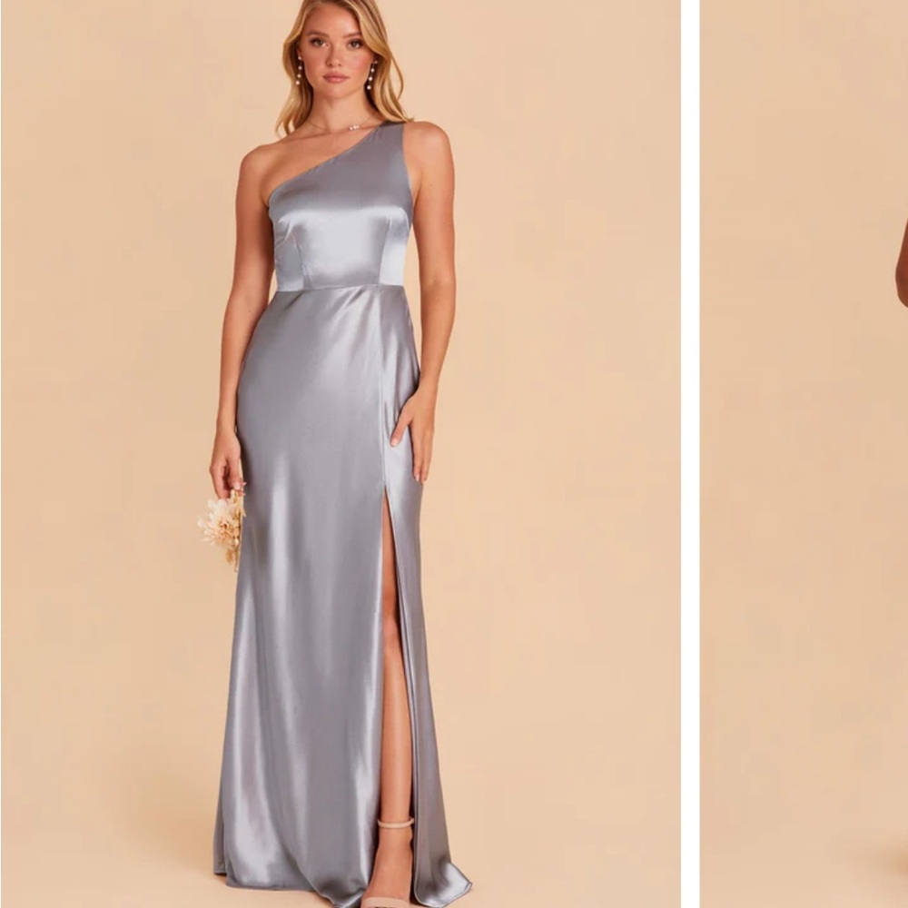 Pre-loved Birdy Gray Xs Bridesmaids dress in dusty blue satin.